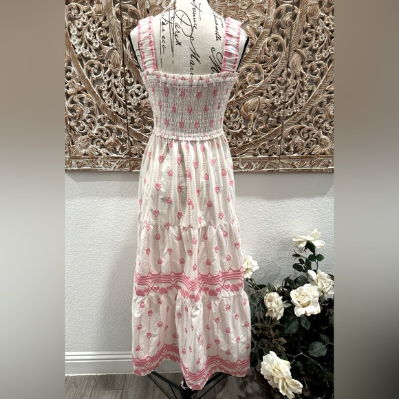 Umgee White & Pink Smocked Top Tiered Skirt Embroidered Heart Detail Maxi Dress - Picture 2 of 15